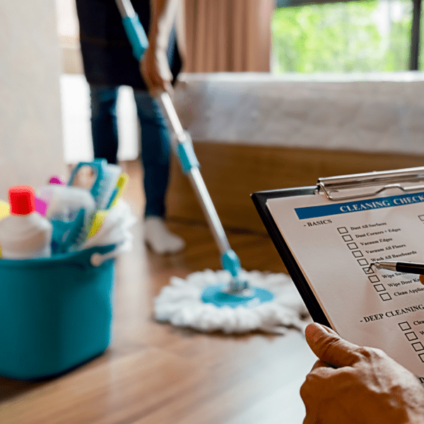 Image of a person cleaning and another person inventorying cleaning products