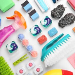 various cleaning supplies spread out