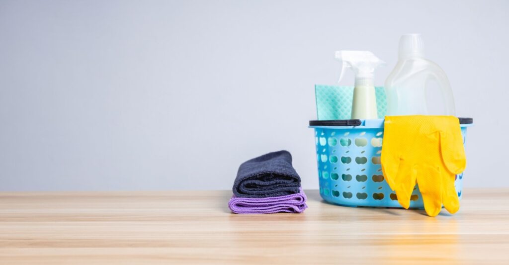 cleaning supplies on wood counter